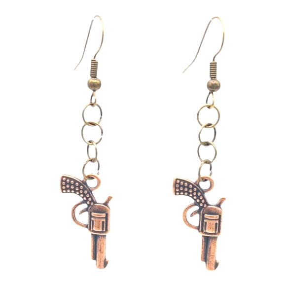 Western Revolver Earrings Bronze Tone Pistol Dangles - Picture 1 of 3